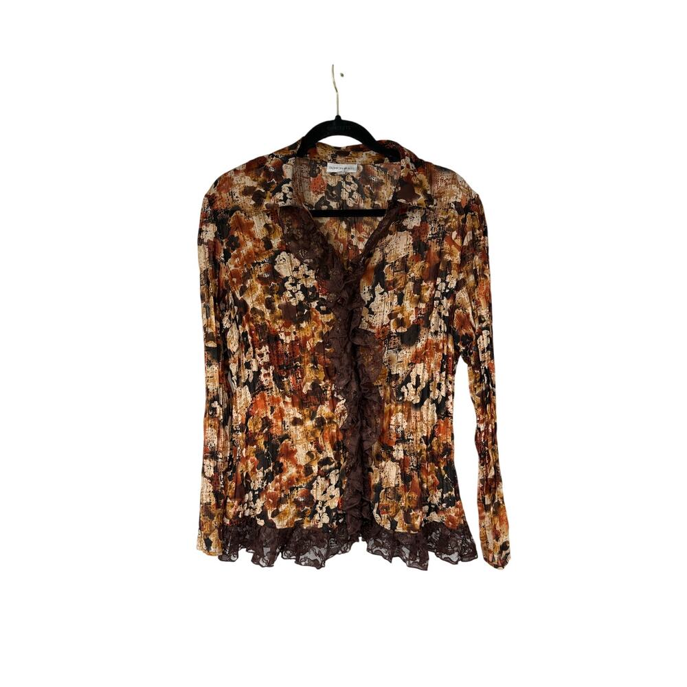 Y2K Sheer Brown Orange Floral Pleated Blouse Ruffle Lace Fashion Bug Womens